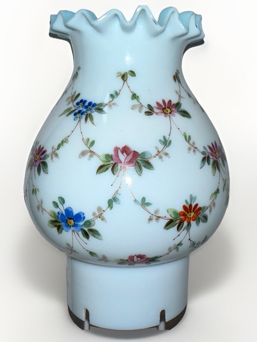 Blue Glass Vented Oil Lamp Chimney Antique Hand Painted Floral Accordion Rim - AntiquesEtceteraBlue Glass Vented Oil Lamp Chimney Antique Hand Painted Floral Accordion RimAntiqueAntiquesEtcetera