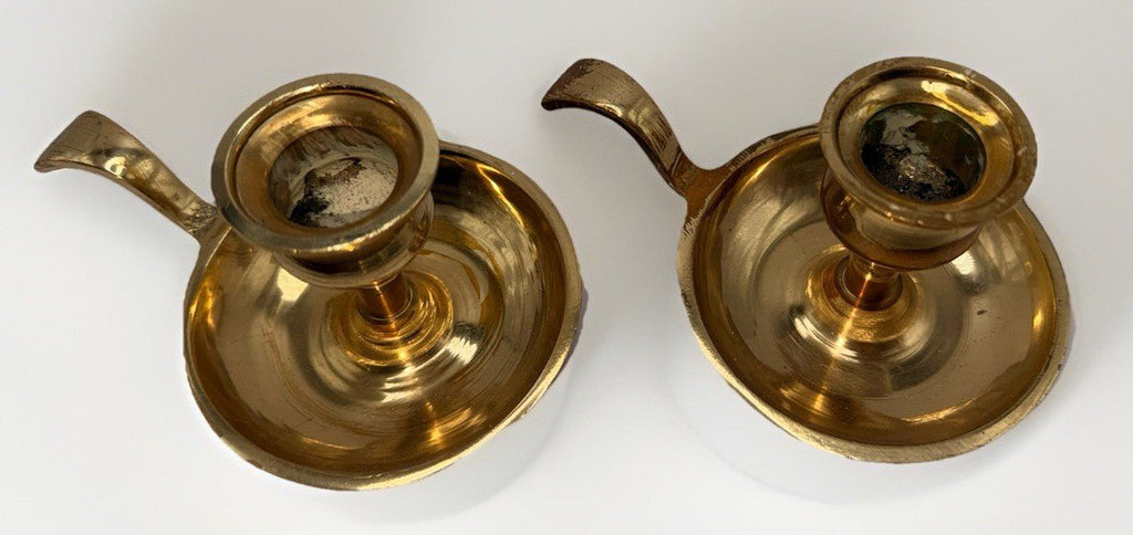 Bright Brass Candlestick Chamberstick Candle Holders w/ Drip Catchers Set of 2 - AntiquesEtceteraBright Brass Candlestick Chamberstick Candle Holders w/ Drip Catchers Set of 2UnbrandedAntiquesEtcetera