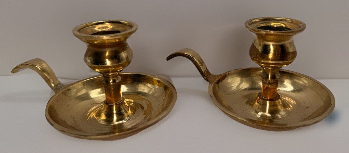 Bright Brass Candlestick Chamberstick Candle Holders w/ Drip Catchers Set of 2 - AntiquesEtceteraBright Brass Candlestick Chamberstick Candle Holders w/ Drip Catchers Set of 2UnbrandedAntiquesEtcetera