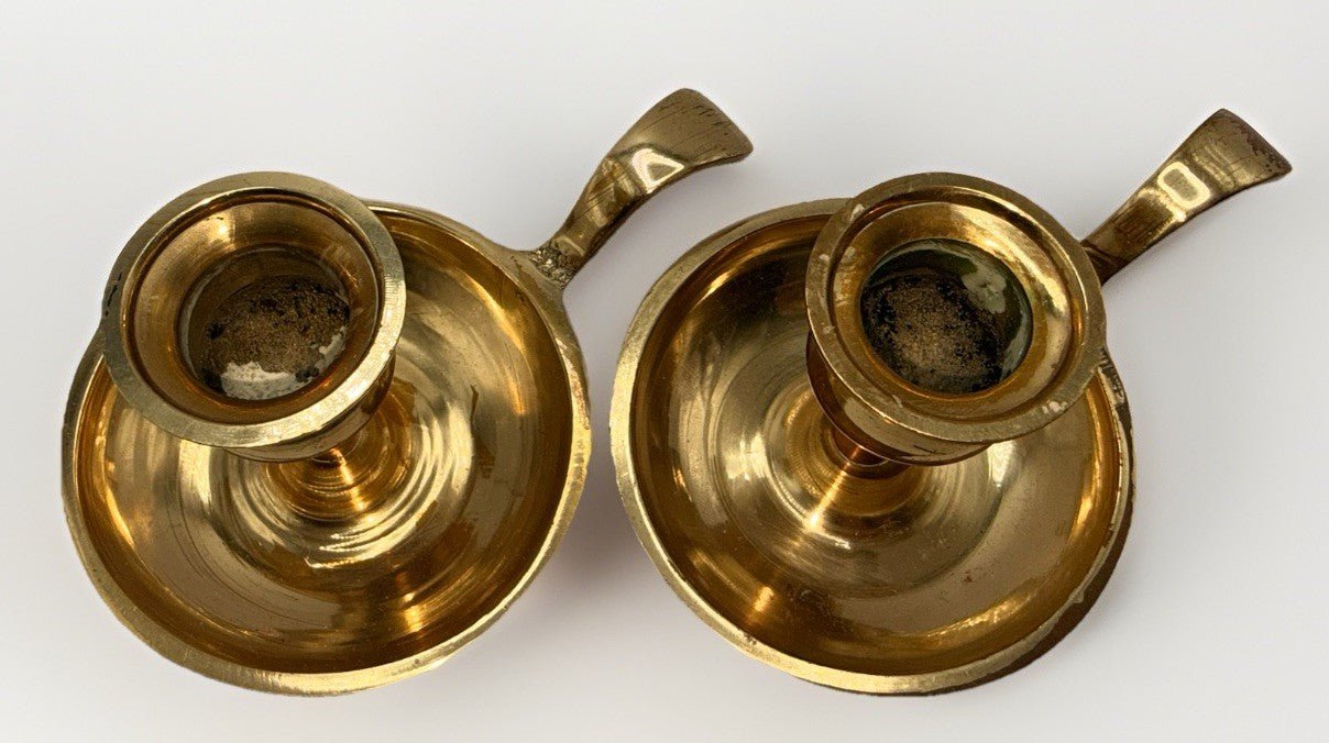 Bright Brass Candlestick Chamberstick Candle Holders w/ Drip Catchers Set of 2 - AntiquesEtceteraBright Brass Candlestick Chamberstick Candle Holders w/ Drip Catchers Set of 2UnbrandedAntiquesEtcetera