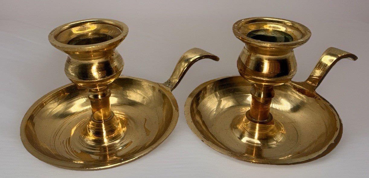 Bright Brass Candlestick Chamberstick Candle Holders w/ Drip Catchers Set of 2 - AntiquesEtceteraBright Brass Candlestick Chamberstick Candle Holders w/ Drip Catchers Set of 2UnbrandedAntiquesEtcetera