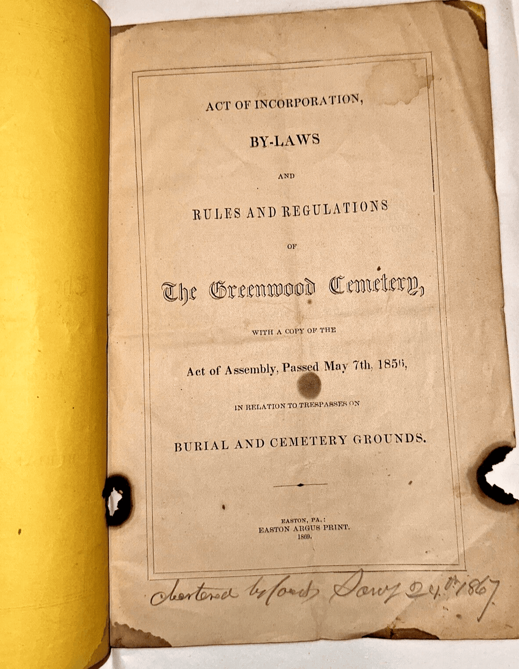 By - Laws Rules, Regulations THE GREENWOOD CEMETERY Easton PA 1867 Charter Booklet - AntiquesEtceteraBy - Laws Rules, Regulations THE GREENWOOD CEMETERY Easton PA 1867 Charter BookletAntiquesEtceteraAntiquesEtcetera
