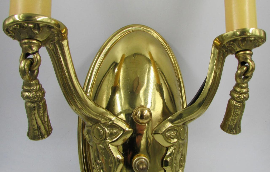 Candelabra Wall Sconce Cast Brass 2 Arm Electrified Antique Art Deco Tassels - AntiquesEtceteraCandelabra Wall Sconce Cast Brass 2 Arm Electrified Antique Art Deco TasselsAntiquesEtceteraAntiquesEtcetera