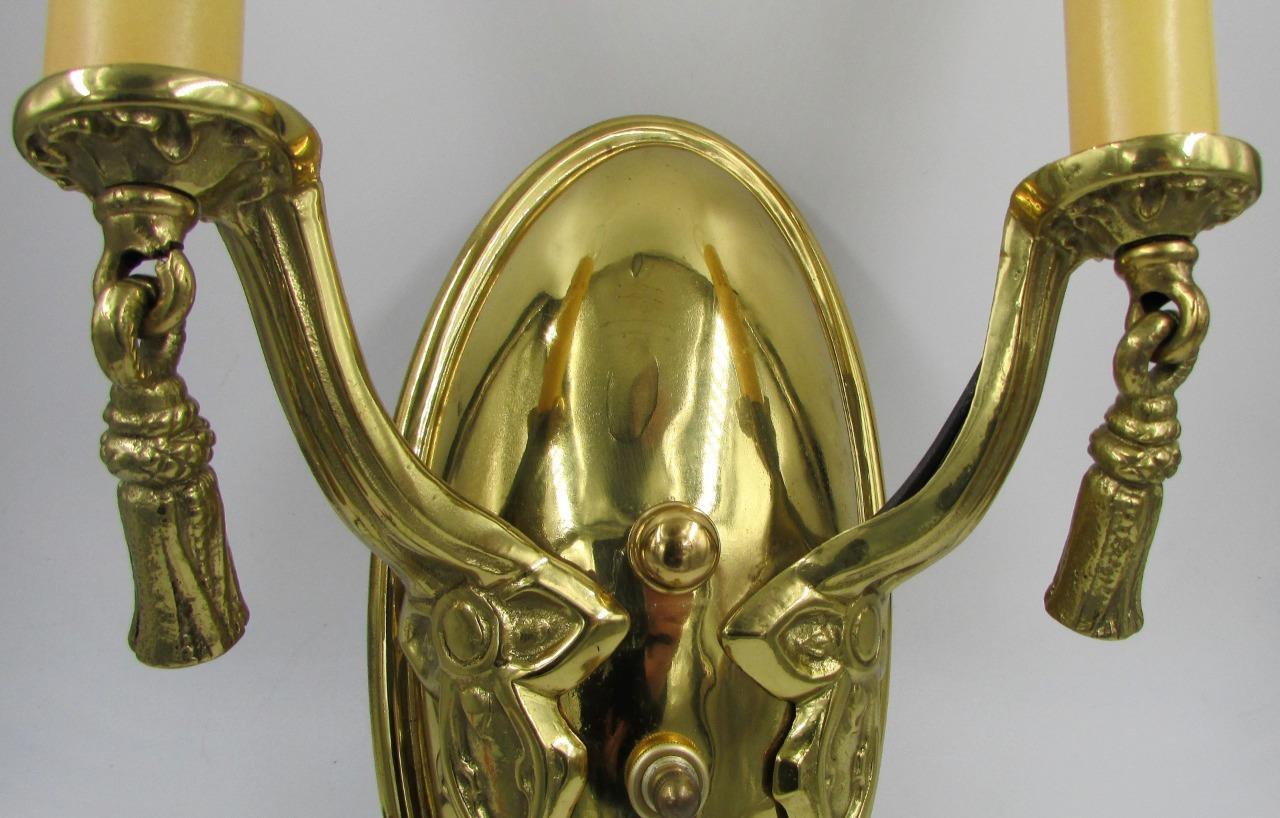 Candelabra Wall Sconce Cast Brass 2 Arm Electrified Antique Art Deco Tassels - AntiquesEtceteraCandelabra Wall Sconce Cast Brass 2 Arm Electrified Antique Art Deco TasselsAntiquesEtceteraAntiquesEtcetera