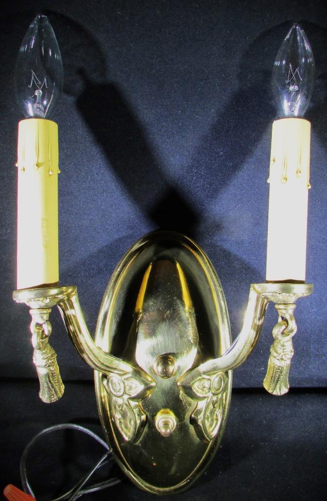 Candelabra Wall Sconce Cast Brass 2 Arm Electrified Antique Art Deco Tassels - AntiquesEtceteraCandelabra Wall Sconce Cast Brass 2 Arm Electrified Antique Art Deco TasselsAntiquesEtceteraAntiquesEtcetera