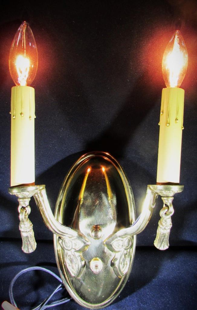 Candelabra Wall Sconce Cast Brass 2 Arm Electrified Antique Art Deco Tassels - AntiquesEtceteraCandelabra Wall Sconce Cast Brass 2 Arm Electrified Antique Art Deco TasselsAntiquesEtceteraAntiquesEtcetera