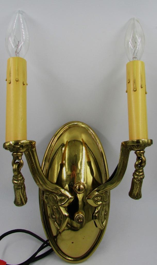 Candelabra Wall Sconce Cast Brass 2 Arm Electrified Antique Art Deco Tassels - AntiquesEtceteraCandelabra Wall Sconce Cast Brass 2 Arm Electrified Antique Art Deco TasselsAntiquesEtceteraAntiquesEtcetera