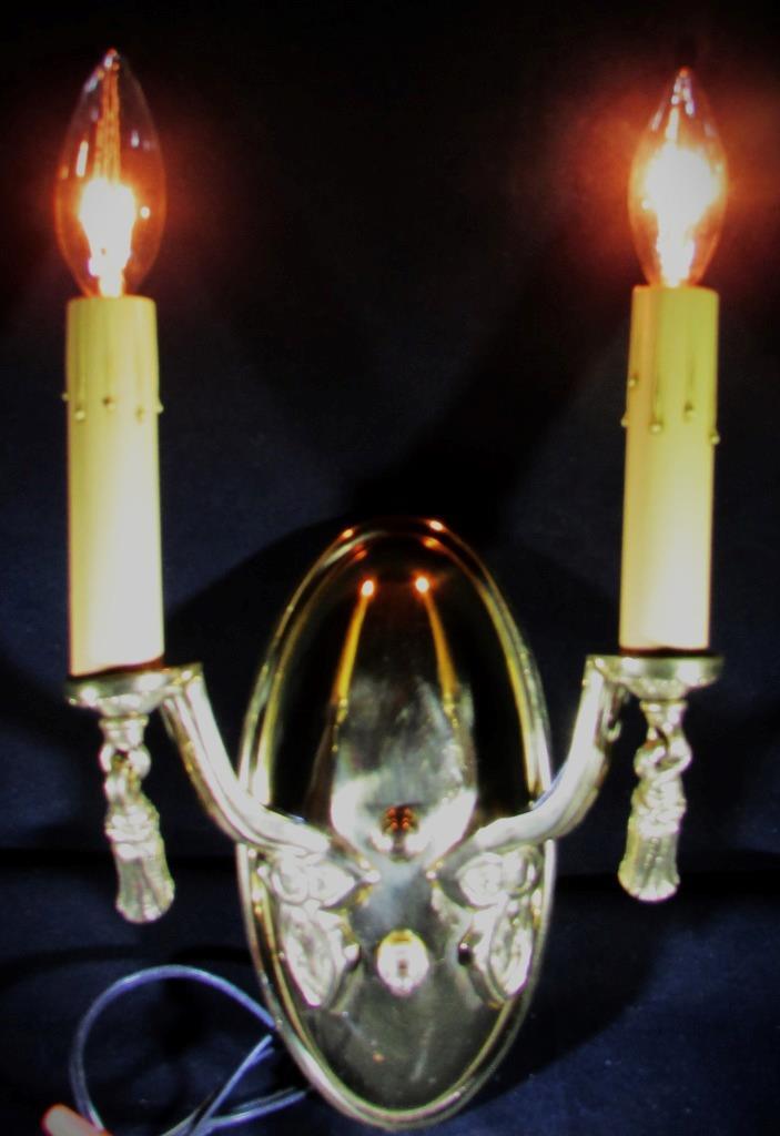 Candelabra Wall Sconce Cast Brass 2 Arm Electrified Antique Art Deco Tassels - AntiquesEtceteraCandelabra Wall Sconce Cast Brass 2 Arm Electrified Antique Art Deco TasselsAntiquesEtceteraAntiquesEtcetera