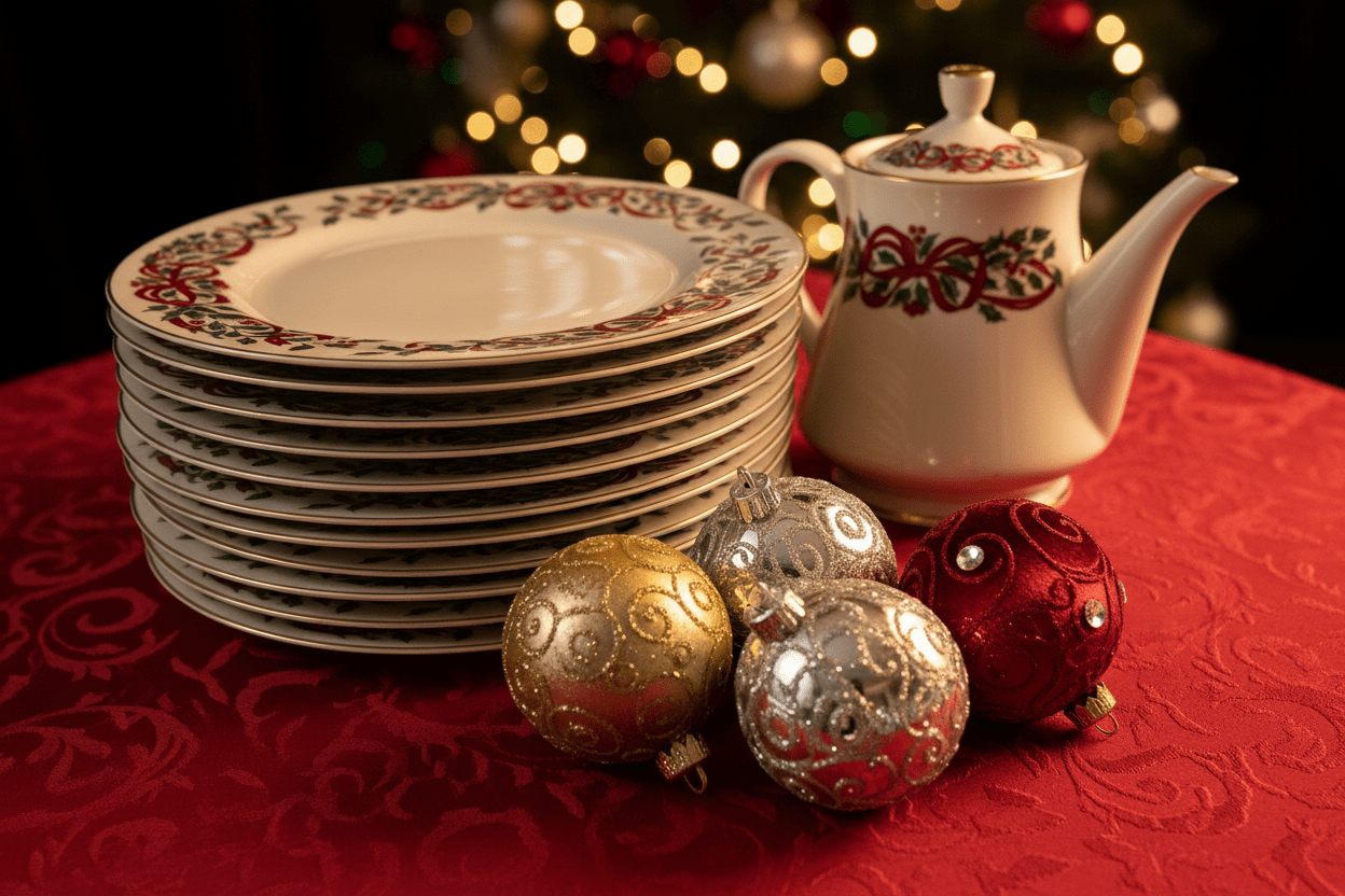 Centurion Christmas Holiday Ribbon and Holly 12 Dinner Plates and Teapot Elegant Old English Charm - AntiquesEtceteraCenturion Christmas Holiday Ribbon and Holly 12 Dinner Plates and Teapot Elegant Old English CharmCenturion CollectionAntiquesEtcetera