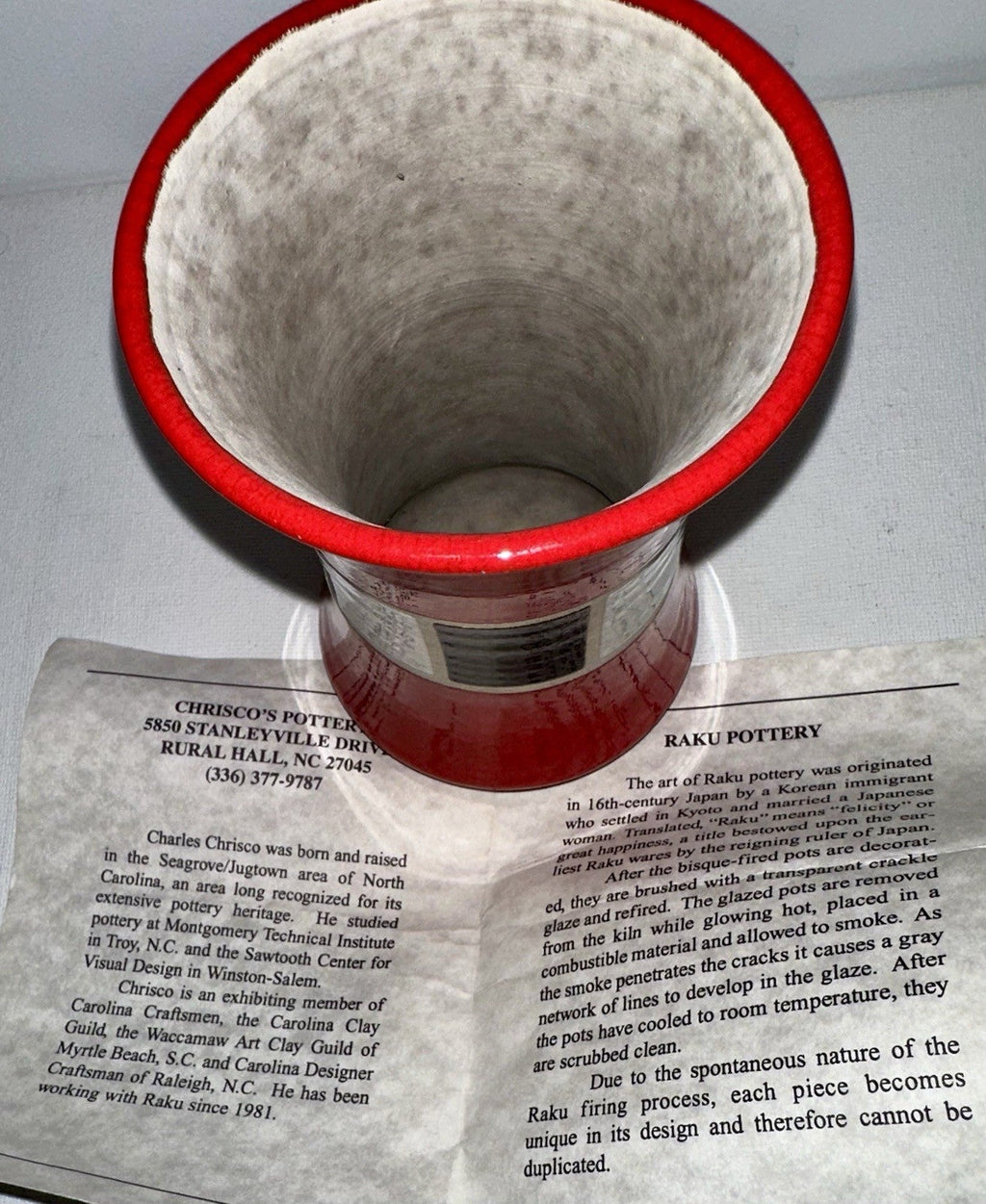 Charles Chrisco Raku Pottery Crackle Glazed Vase Signed Red Black White + Papers - AntiquesEtceteraCharles Chrisco Raku Pottery Crackle Glazed Vase Signed Red Black White + PapersChrisco PotteryAntiquesEtcetera