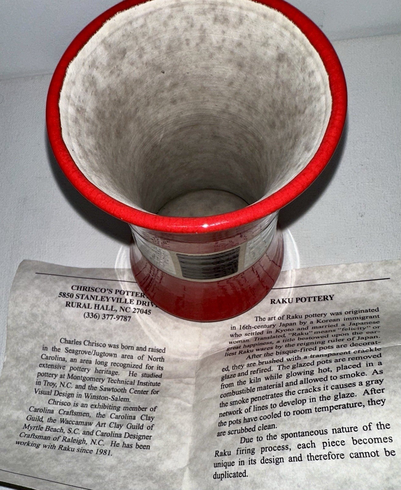 Charles Chrisco Raku Pottery Crackle Glazed Vase Signed Red Black White + Papers - AntiquesEtceteraCharles Chrisco Raku Pottery Crackle Glazed Vase Signed Red Black White + PapersChrisco PotteryAntiquesEtcetera