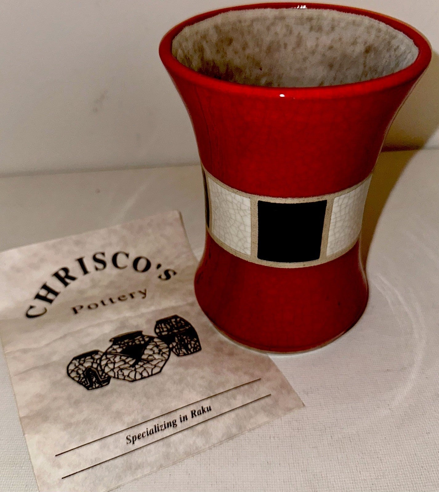 Charles Chrisco Raku Pottery Crackle Glazed Vase Signed Red Black White + Papers - AntiquesEtceteraCharles Chrisco Raku Pottery Crackle Glazed Vase Signed Red Black White + PapersChrisco PotteryAntiquesEtcetera