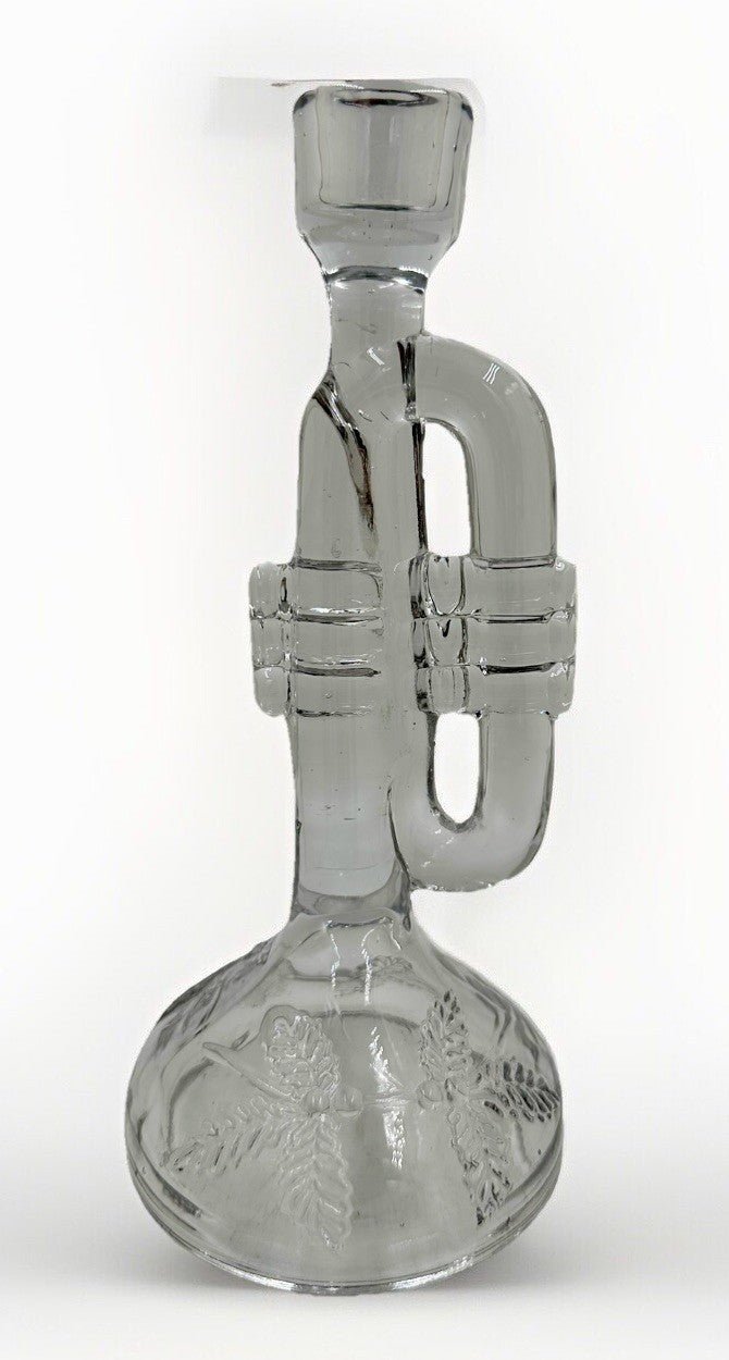Clear Glass Christmas Candlestick Trumpet Bugle Figural w/ Holly Evergreen Sprig - AntiquesEtceteraClear Glass Christmas Candlestick Trumpet Bugle Figural w/ Holly Evergreen SprigUnmarkedAntiquesEtcetera