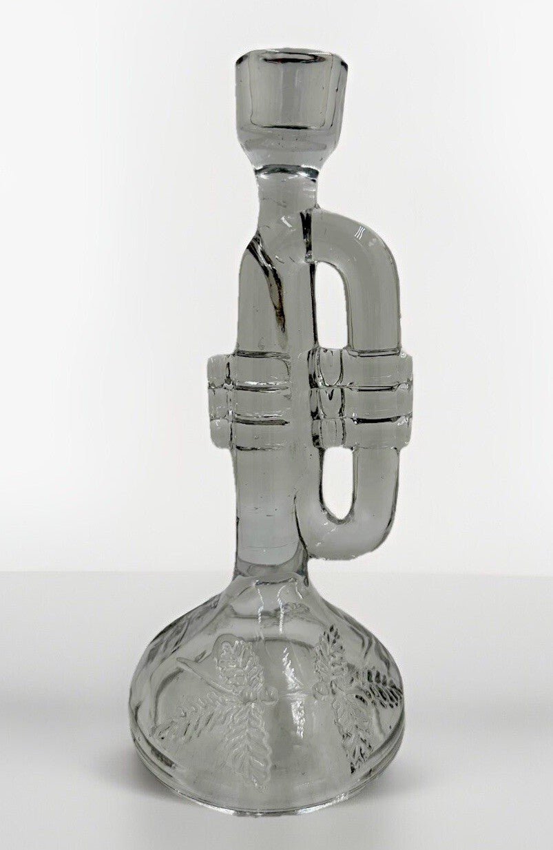 Clear Glass Christmas Candlestick Trumpet Bugle Figural w/ Holly Evergreen Sprig - AntiquesEtceteraClear Glass Christmas Candlestick Trumpet Bugle Figural w/ Holly Evergreen SprigUnmarkedAntiquesEtcetera