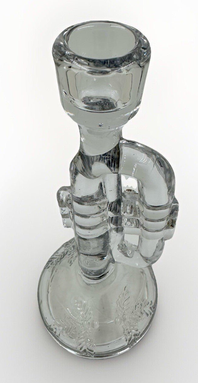 Clear Glass Christmas Candlestick Trumpet Bugle Figural w/ Holly Evergreen Sprig - AntiquesEtceteraClear Glass Christmas Candlestick Trumpet Bugle Figural w/ Holly Evergreen SprigUnmarkedAntiquesEtcetera