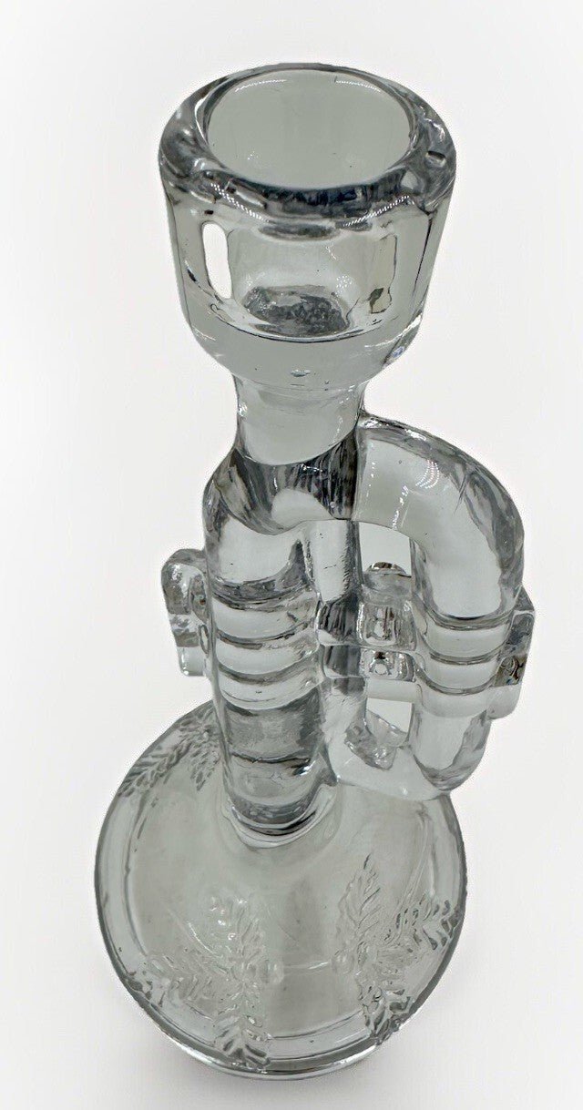 Clear Glass Christmas Candlestick Trumpet Bugle Figural w/ Holly Evergreen Sprig - AntiquesEtceteraClear Glass Christmas Candlestick Trumpet Bugle Figural w/ Holly Evergreen SprigUnmarkedAntiquesEtcetera