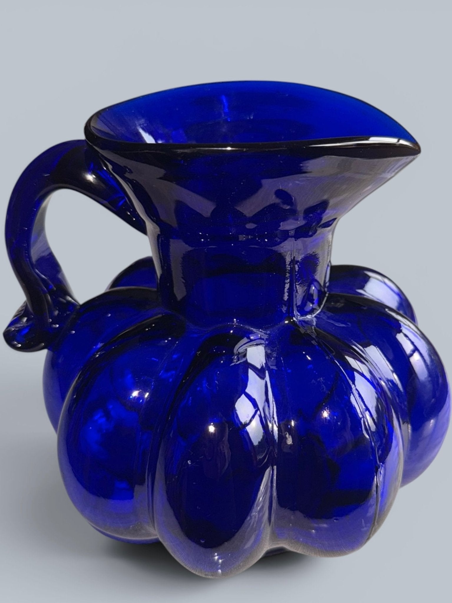 Clevenger Brothers Cobalt Blue Glass Pitcher 6.5" Melon Shape Applied HandleAntiquesEtcetera