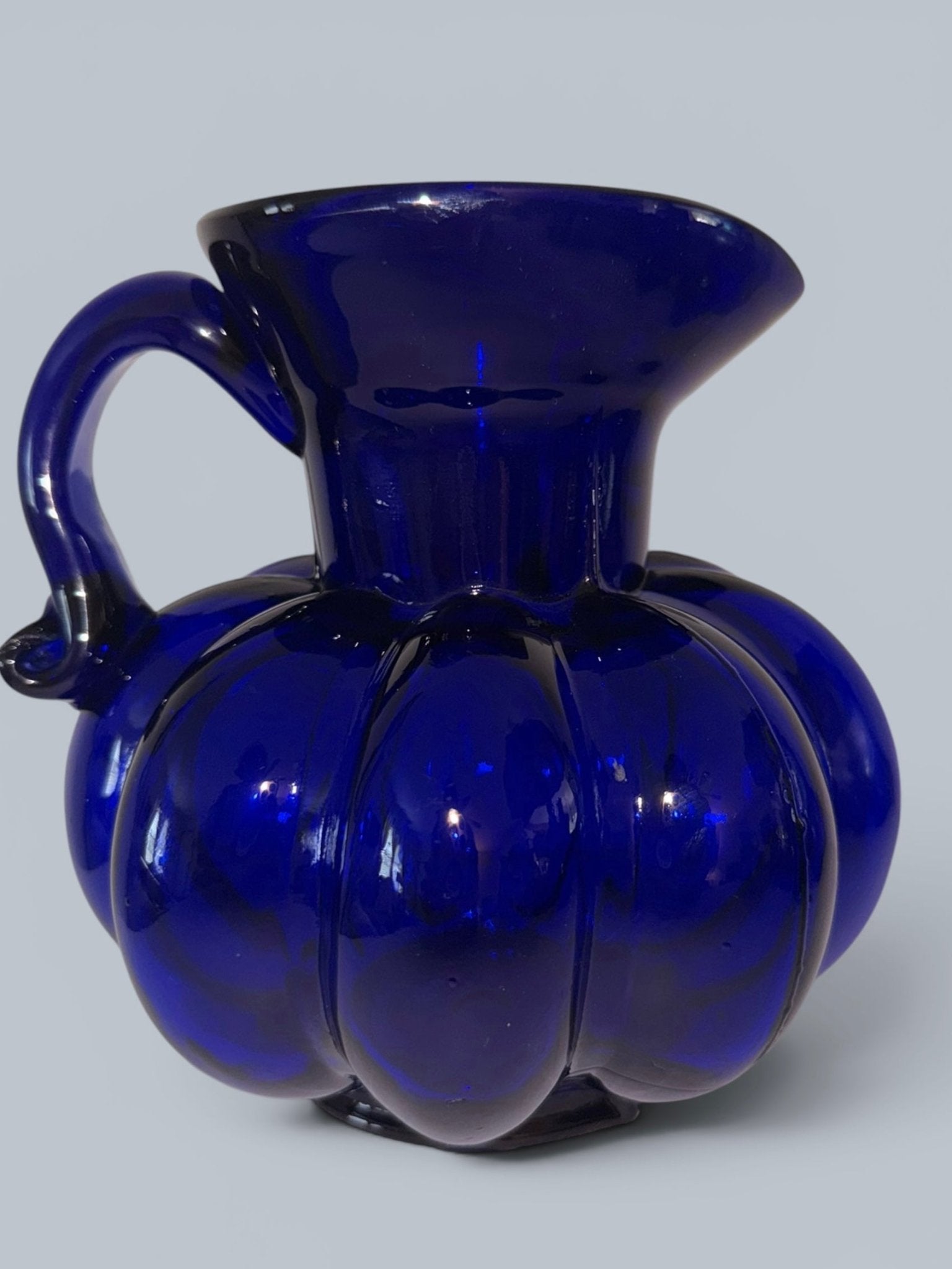 Clevenger Brothers Cobalt Blue Glass Pitcher 6.5" Melon Shape Applied HandleAntiquesEtcetera