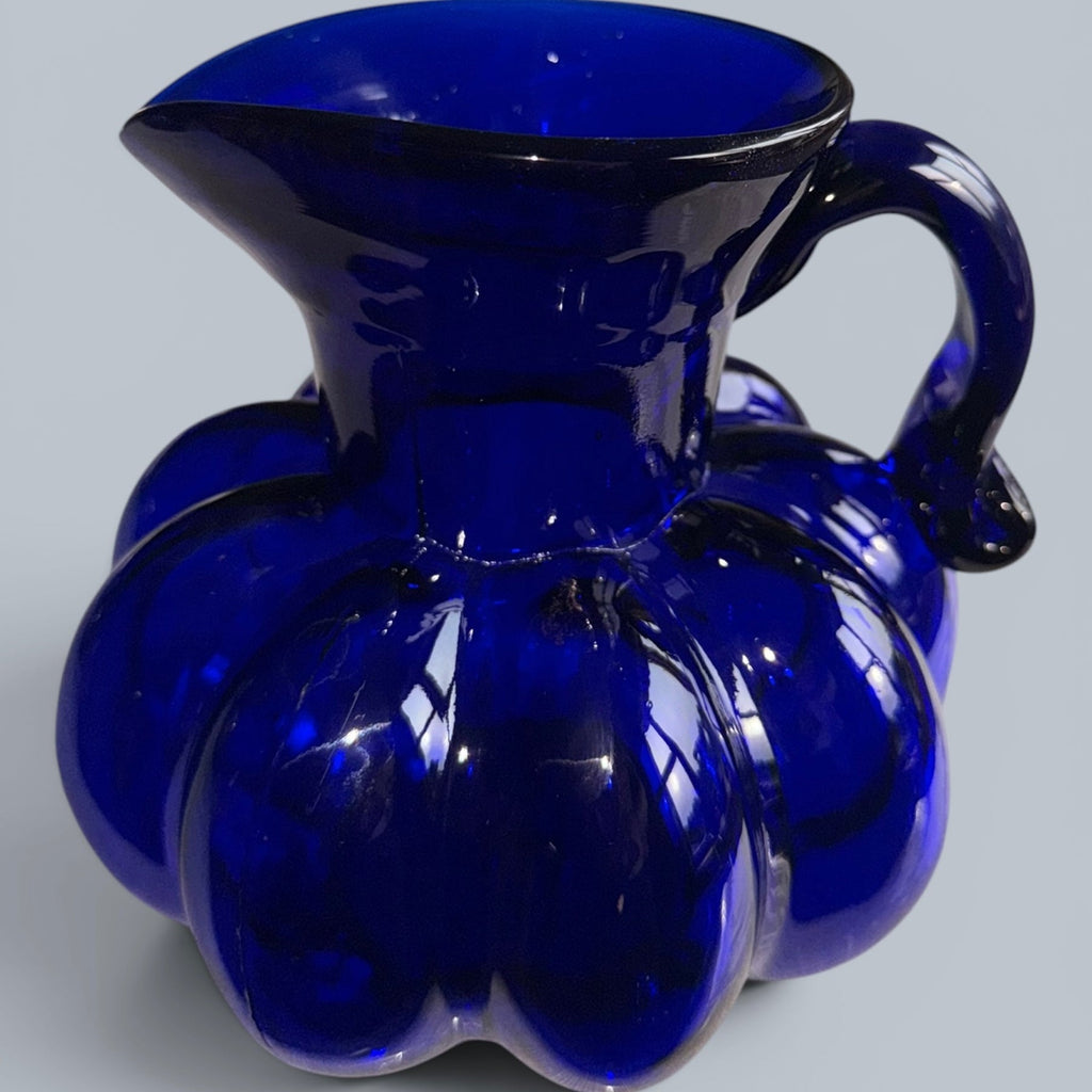 Clevenger Brothers Cobalt Blue Glass Pitcher 6.5" Melon Shape Applied HandleAntiquesEtcetera