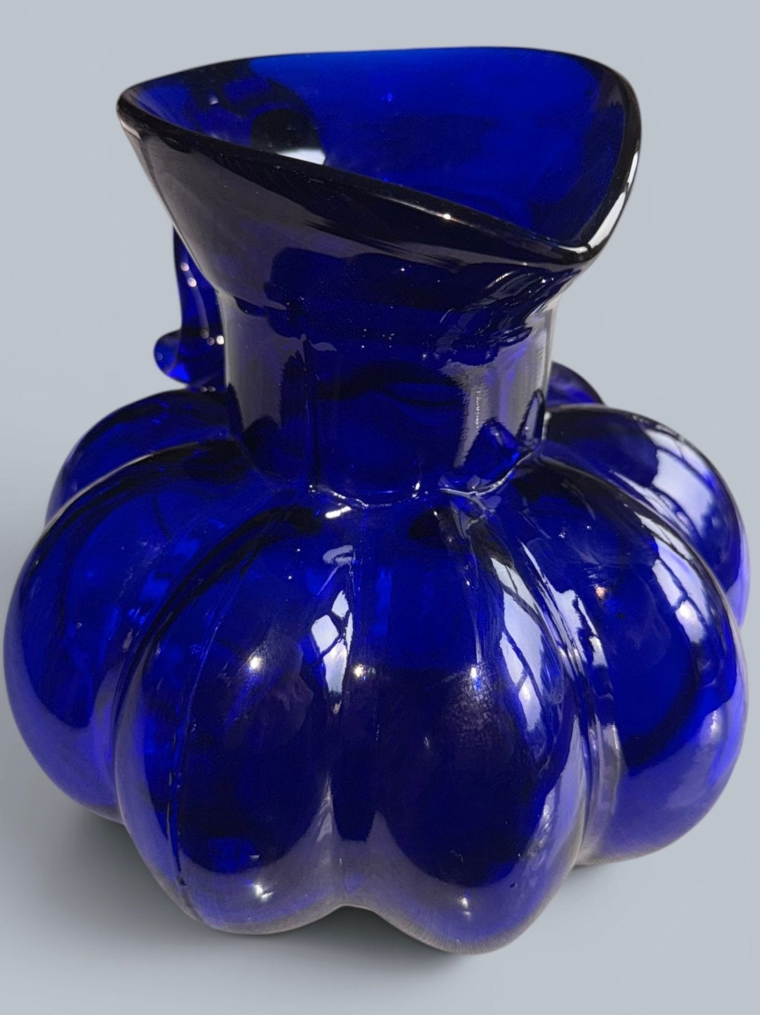 Clevenger Brothers Cobalt Blue Glass Pitcher 6.5" Melon Shape Applied HandleAntiquesEtcetera