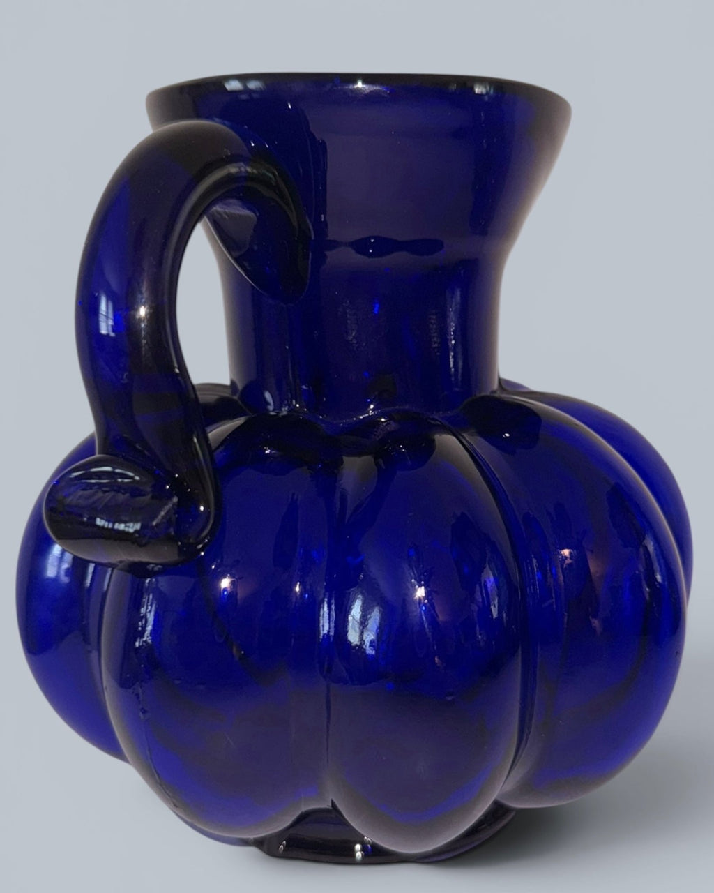 Clevenger Brothers Cobalt Blue Glass Pitcher 6.5" Melon Shape Applied HandleAntiquesEtcetera