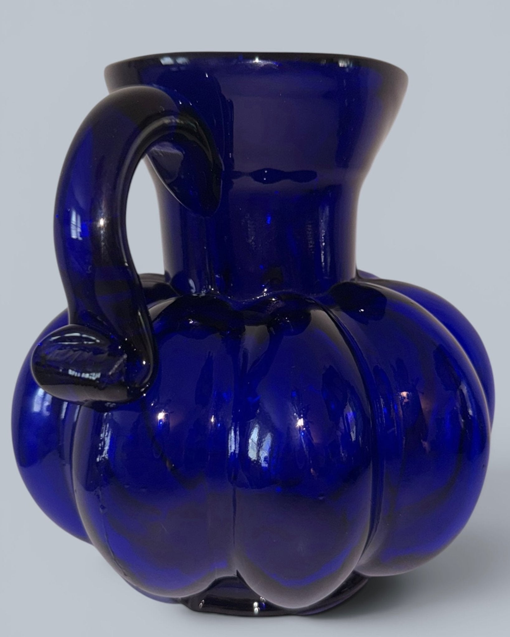 Clevenger Brothers Cobalt Blue Glass Pitcher 6.5" Melon Shape Applied HandleAntiquesEtcetera