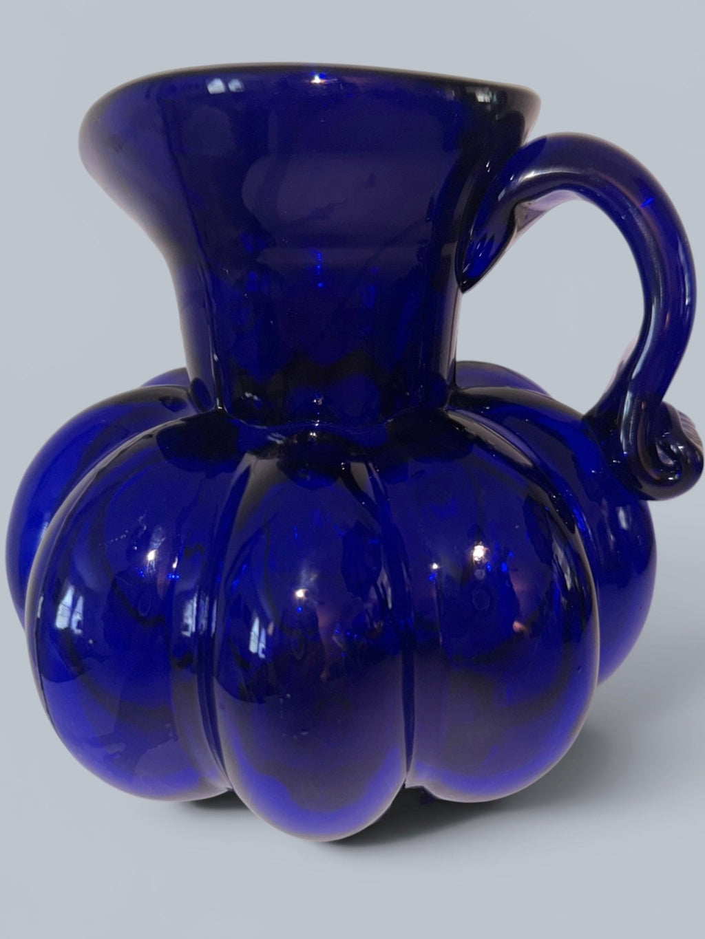 Clevenger Brothers Cobalt Blue Glass Pitcher 6.5" Melon Shape Applied HandleAntiquesEtcetera