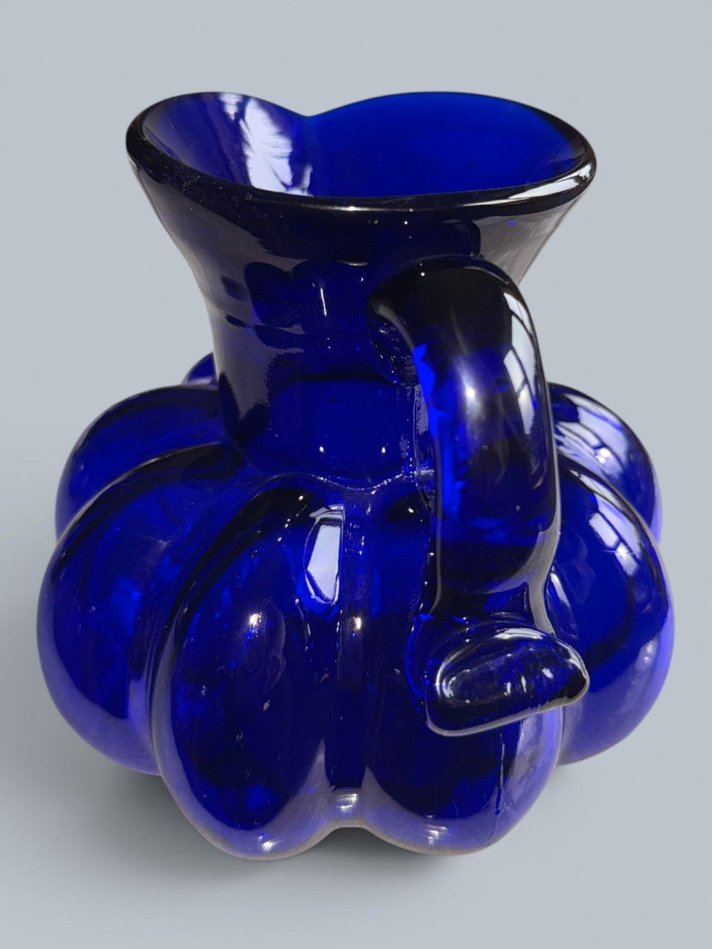 Clevenger Brothers Cobalt Blue Glass Pitcher 6.5" Melon Shape Applied HandleAntiquesEtcetera
