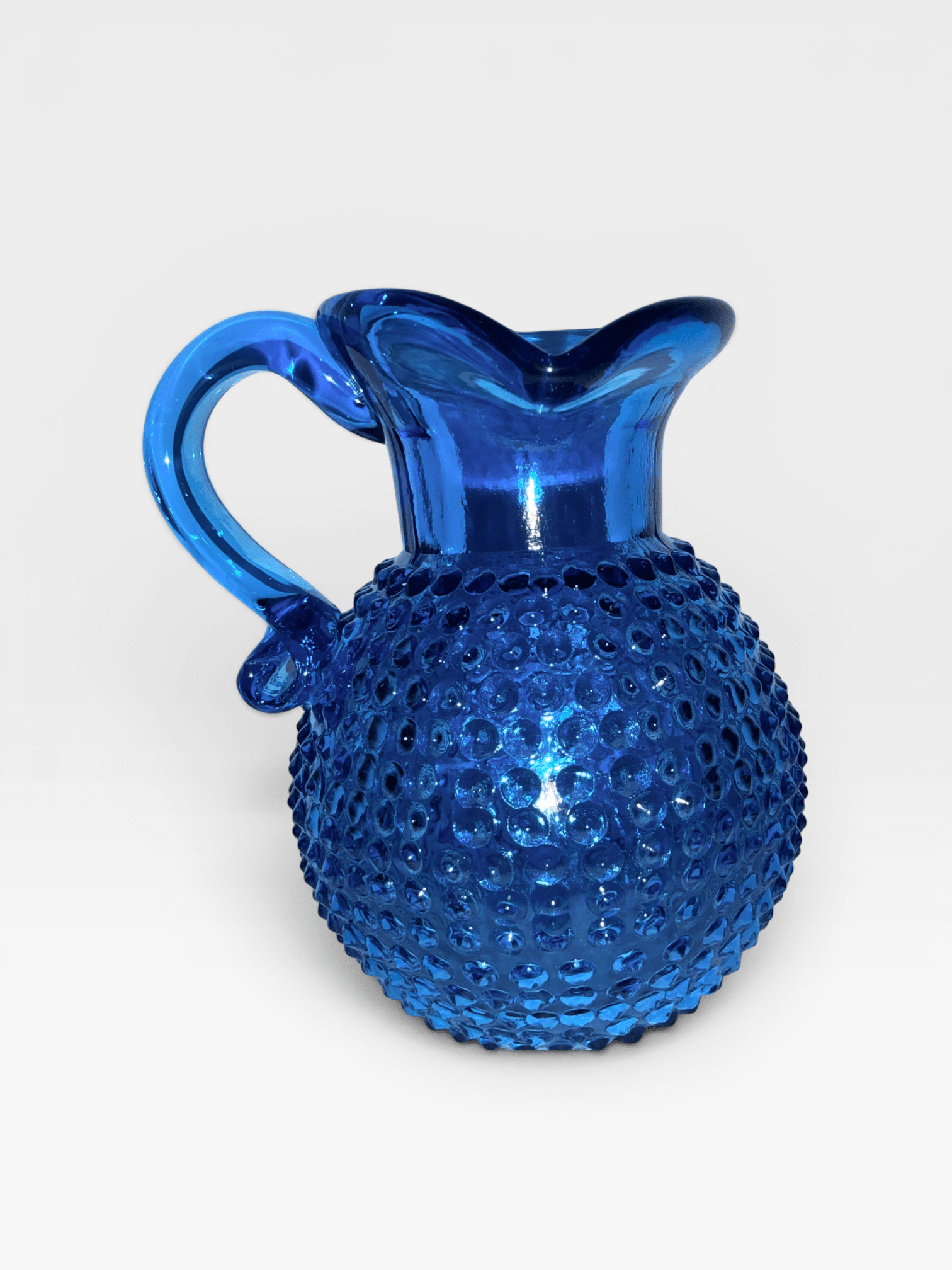 Clevenger Brothers Hobnail Glass Pitcher Electric Blue Glass with Applied HandleAntiquesEtcetera