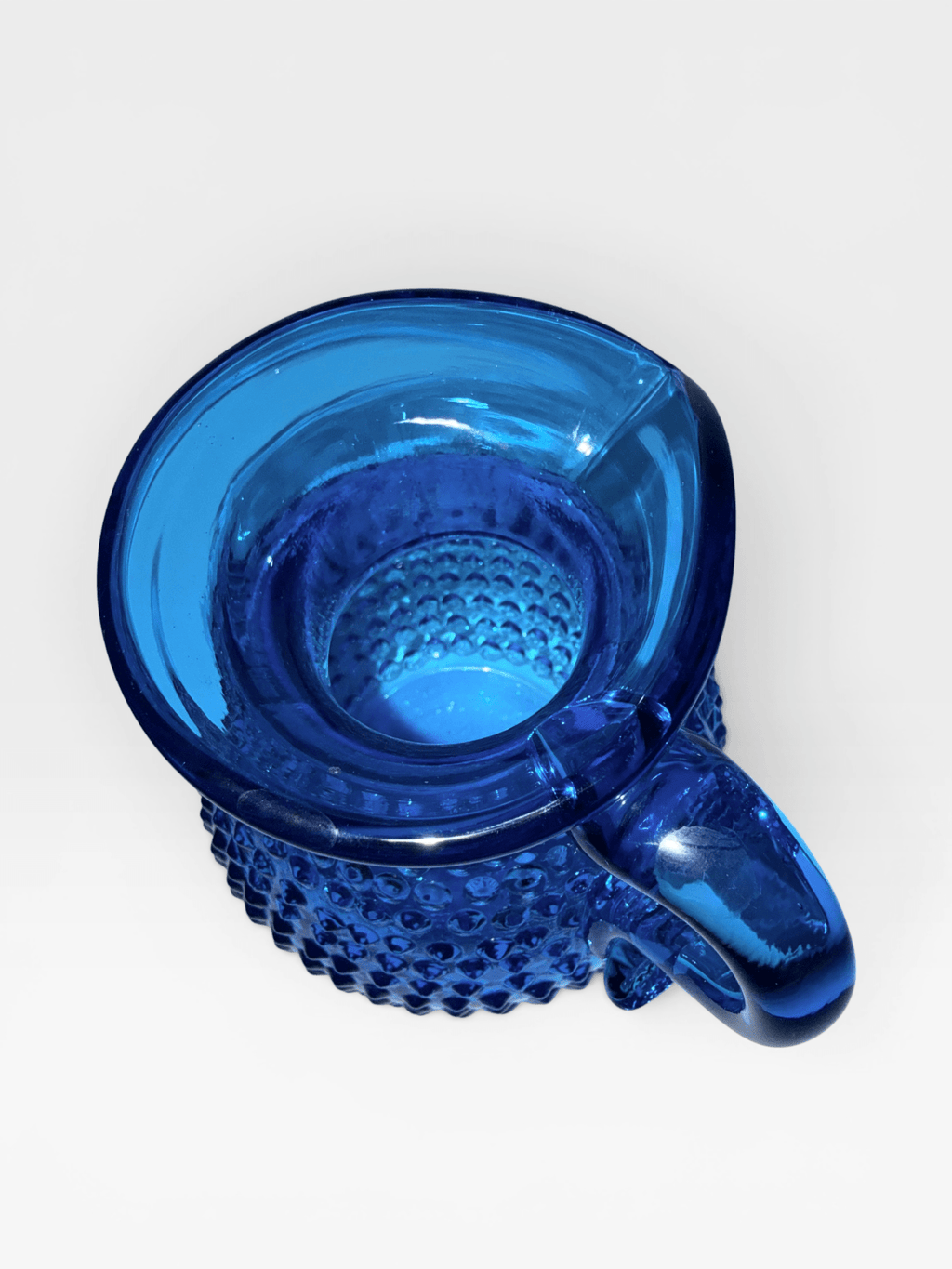 Clevenger Brothers Hobnail Glass Pitcher Electric Blue Glass with Applied HandleAntiquesEtcetera