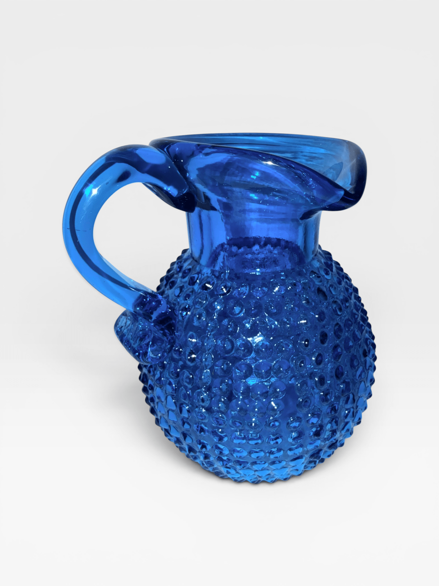 Clevenger Brothers Hobnail Glass Pitcher Electric Blue Glass with Applied HandleAntiquesEtcetera