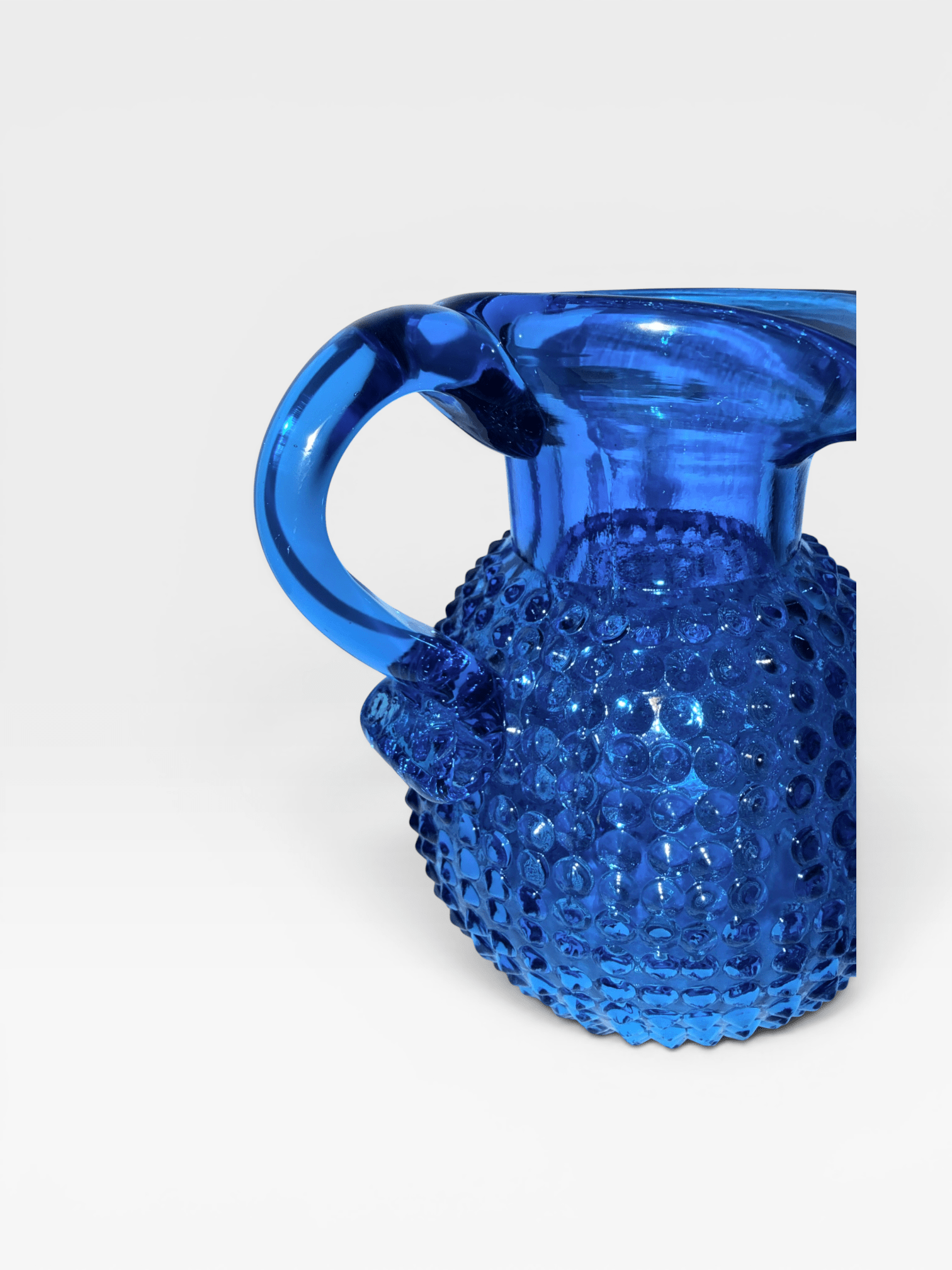 Clevenger Brothers Hobnail Glass Pitcher Electric Blue Glass with Applied HandleAntiquesEtcetera