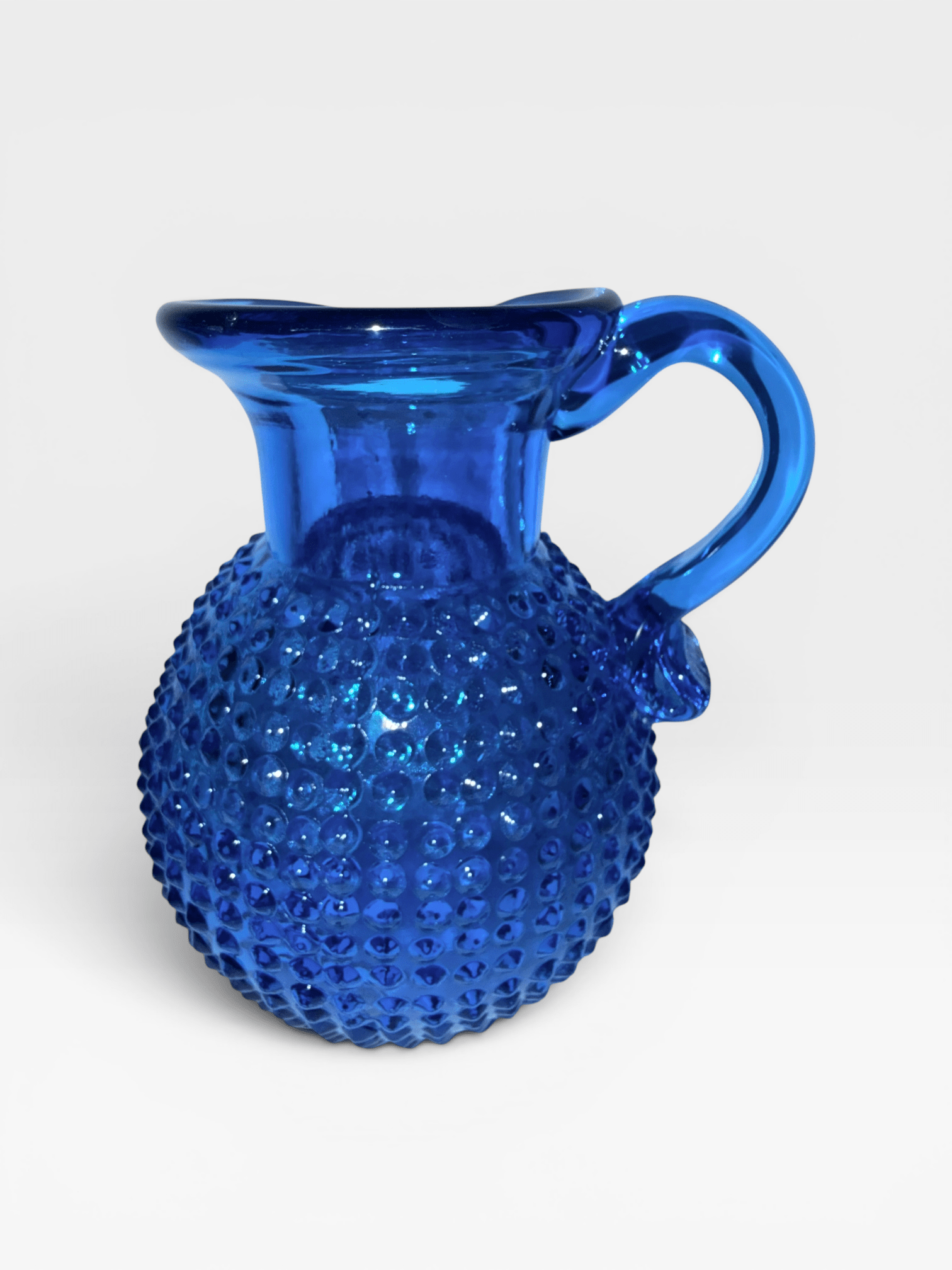 Clevenger Brothers Hobnail Glass Pitcher Electric Blue Glass with Applied HandleAntiquesEtcetera