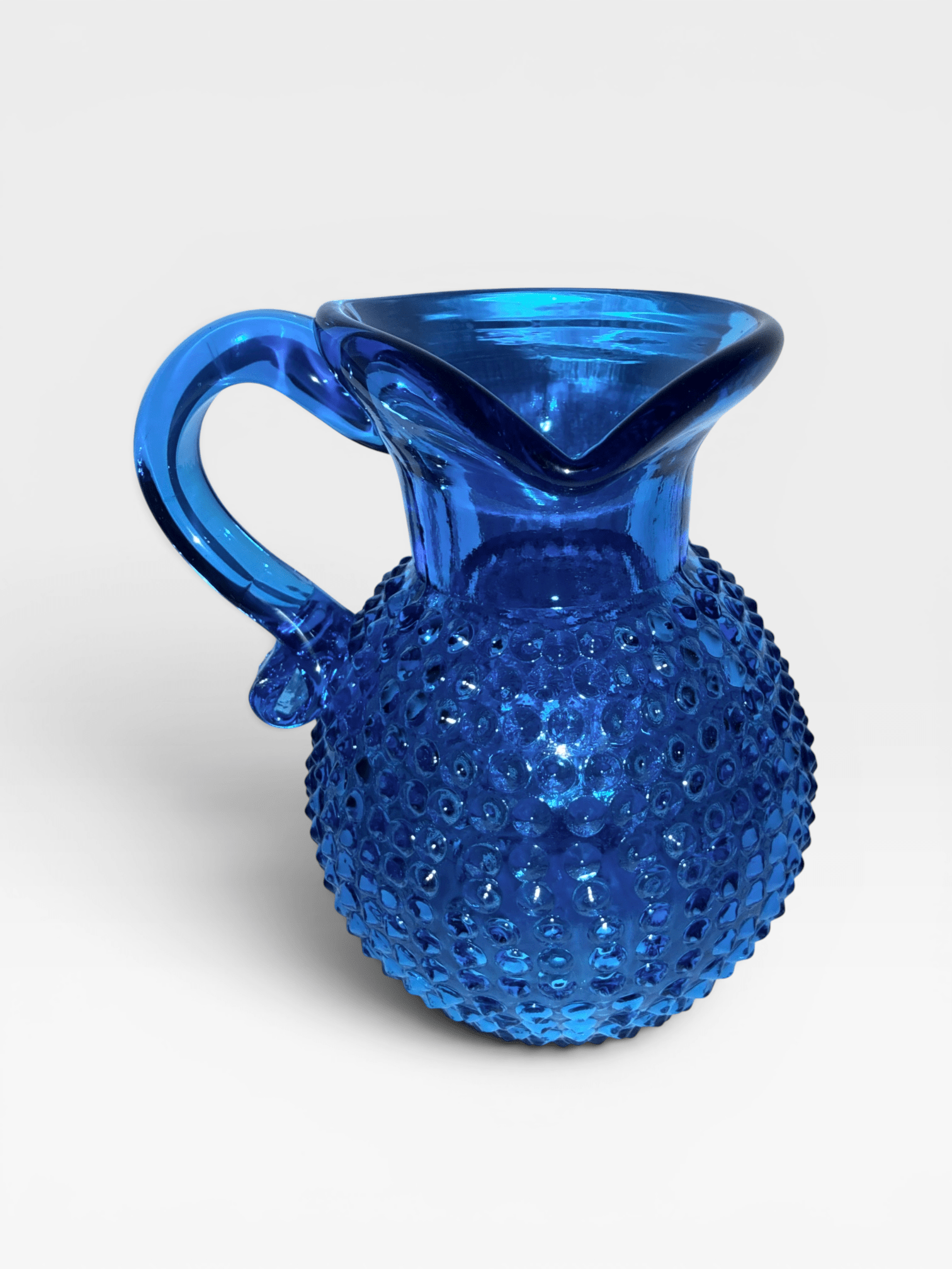Clevenger Brothers Hobnail Glass Pitcher Electric Blue Glass with Applied HandleAntiquesEtcetera