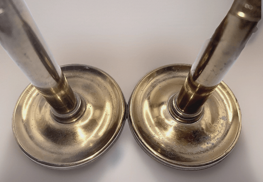 Cornelius & Baker Philadelphia Brass Candlesticks with Emblem & Wax Catcher Base - AntiquesEtceteraCornelius & Baker Philadelphia Brass Candlesticks with Emblem & Wax Catcher BaseAntiquesEtceteraAntiquesEtcetera