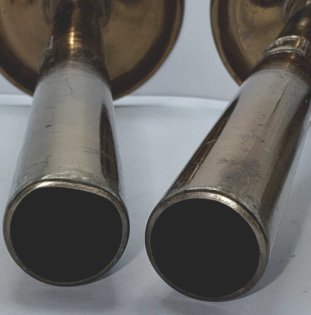 Cornelius & Baker Philadelphia Brass Candlesticks with Emblem & Wax Catcher Base - AntiquesEtceteraCornelius & Baker Philadelphia Brass Candlesticks with Emblem & Wax Catcher BaseAntiquesEtceteraAntiquesEtcetera