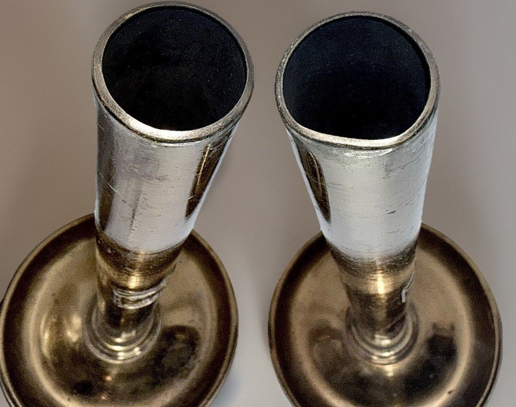 Cornelius & Baker Philadelphia Brass Candlesticks with Emblem & Wax Catcher Base - AntiquesEtceteraCornelius & Baker Philadelphia Brass Candlesticks with Emblem & Wax Catcher BaseAntiquesEtceteraAntiquesEtcetera