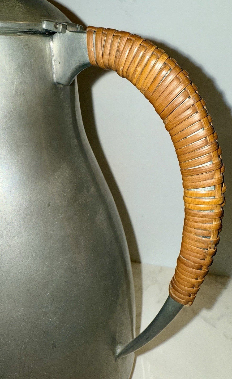 Dansk Pewter Water Pitcher w/ Original Rattan Wrapped Handle Danish Modern 1950s - AntiquesEtceteraDansk Pewter Water Pitcher w/ Original Rattan Wrapped Handle Danish Modern 1950sDansk DesignsAntiquesEtcetera