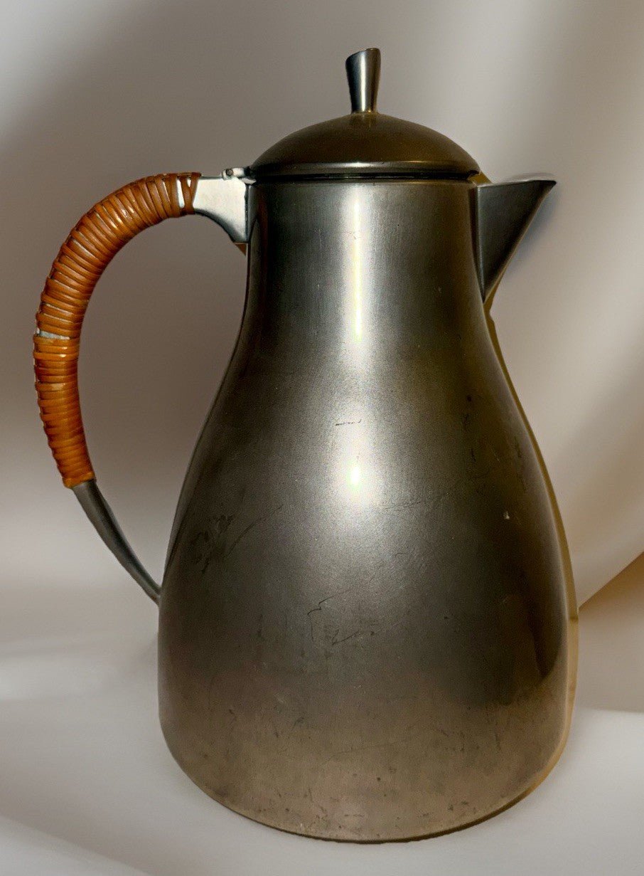 Dansk Pewter Water Pitcher w/ Original Rattan Wrapped Handle Danish Modern 1950s - AntiquesEtceteraDansk Pewter Water Pitcher w/ Original Rattan Wrapped Handle Danish Modern 1950sDansk DesignsAntiquesEtcetera