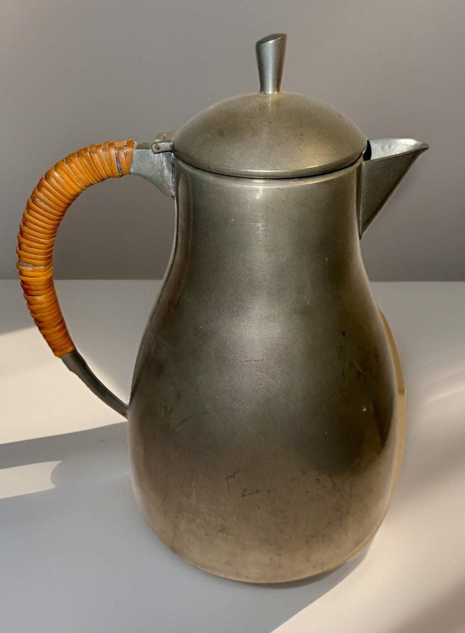 Dansk Pewter Water Pitcher w/ Original Rattan Wrapped Handle Danish Modern 1950s - AntiquesEtceteraDansk Pewter Water Pitcher w/ Original Rattan Wrapped Handle Danish Modern 1950sDansk DesignsAntiquesEtcetera
