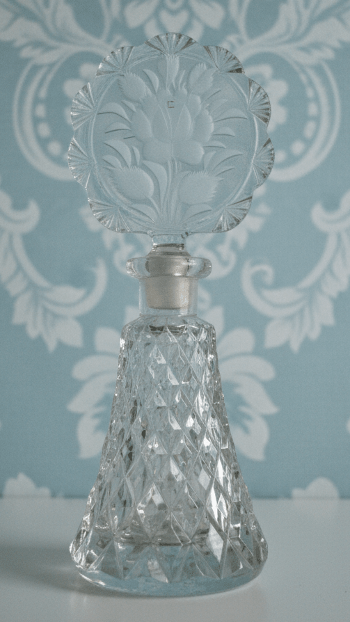 Diamond Point Crystal Perfume Bottle w/ Rose & Scalloped Fans Stopper, DauberAntiquesEtcetera