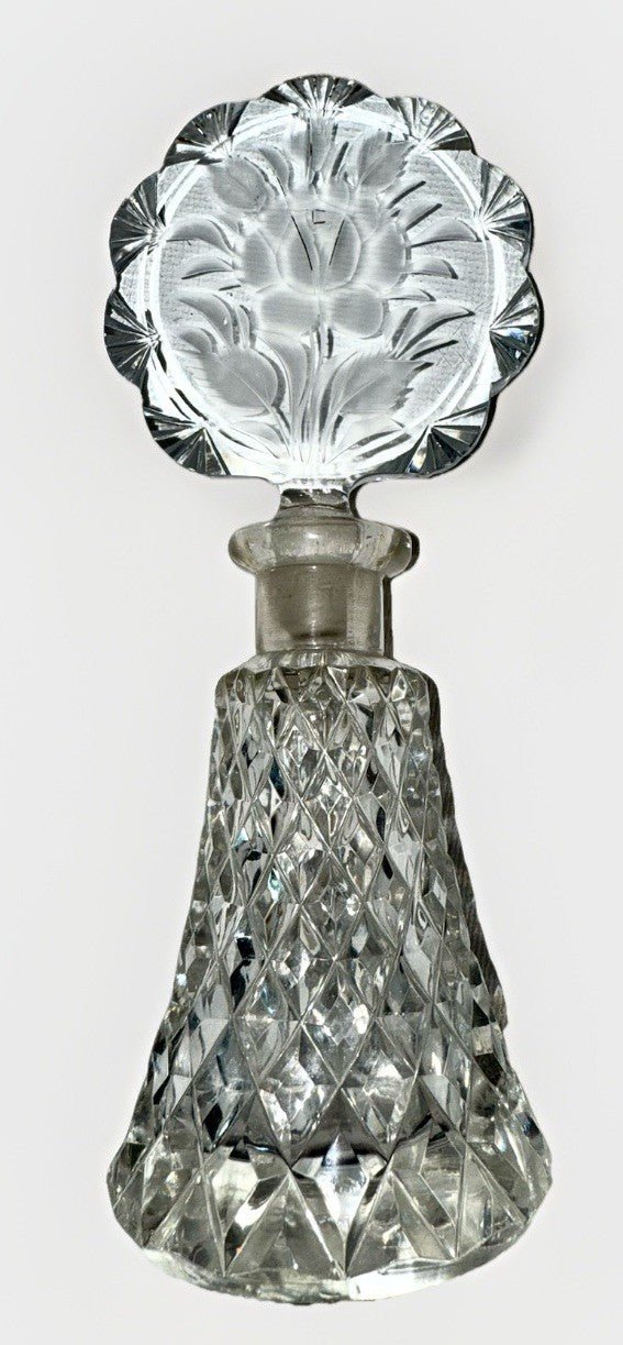 Diamond Point Crystal Perfume Bottle w/ Rose & Scalloped Fans Stopper, Dauber - AntiquesEtceteraDiamond Point Crystal Perfume Bottle w/ Rose & Scalloped Fans Stopper, DauberMade in CzechoslovakiaAntiquesEtcetera