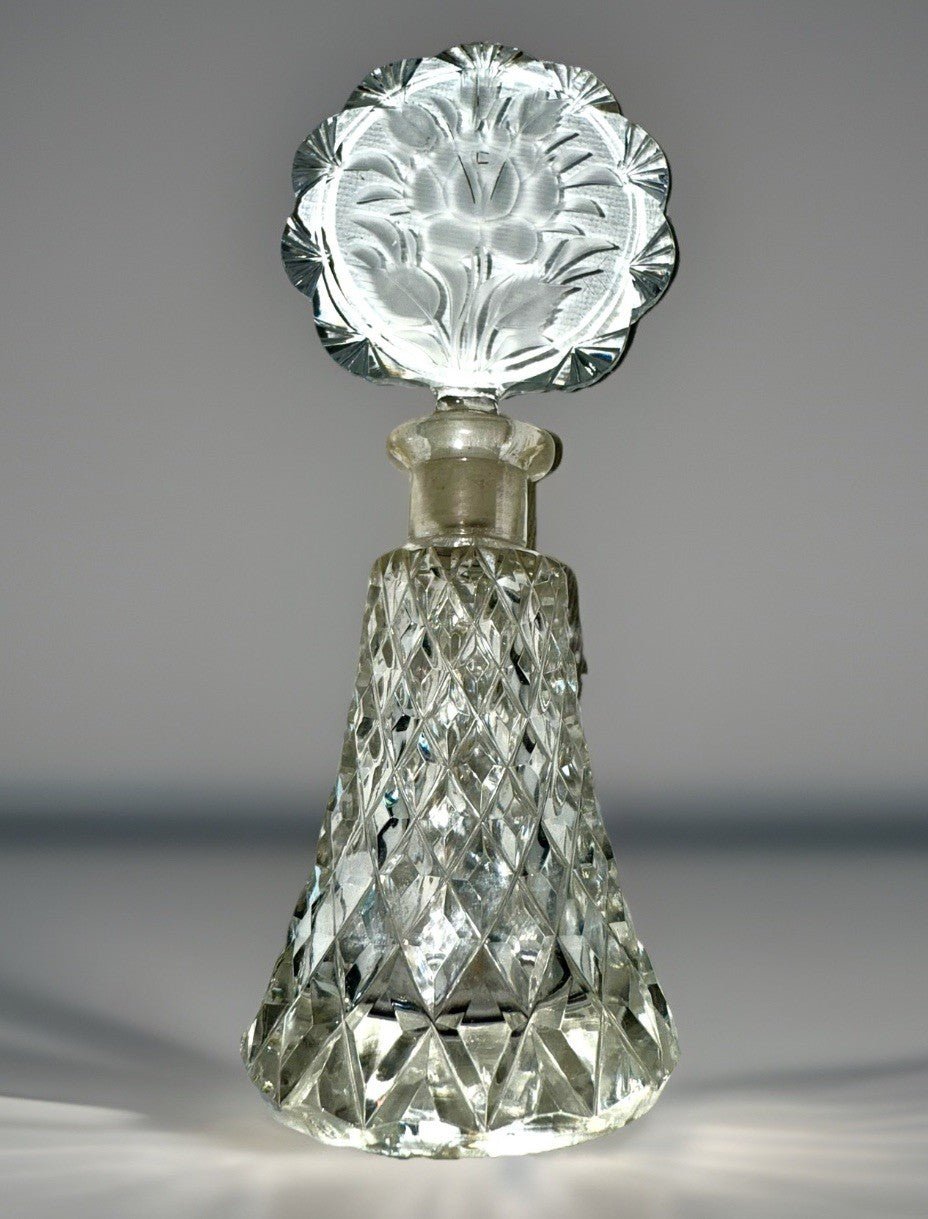 Diamond Point Crystal Perfume Bottle w/ Rose & Scalloped Fans Stopper, Dauber - AntiquesEtceteraDiamond Point Crystal Perfume Bottle w/ Rose & Scalloped Fans Stopper, DauberMade in CzechoslovakiaAntiquesEtcetera