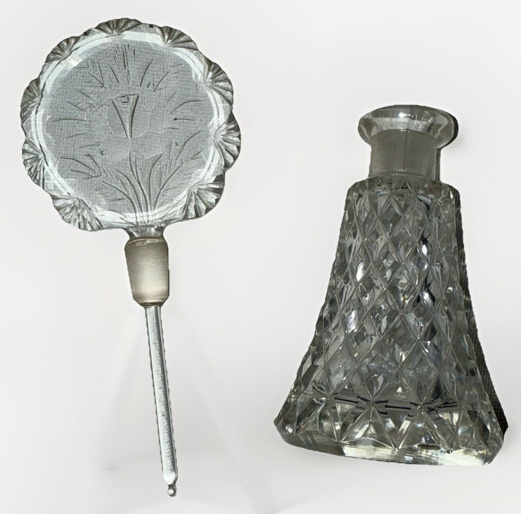 Diamond Point Crystal Perfume Bottle w/ Rose & Scalloped Fans Stopper, Dauber - AntiquesEtceteraDiamond Point Crystal Perfume Bottle w/ Rose & Scalloped Fans Stopper, DauberMade in CzechoslovakiaAntiquesEtcetera