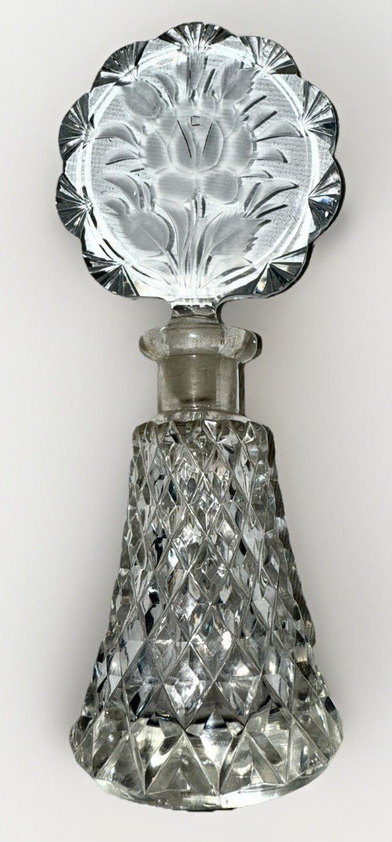 Diamond Point Crystal Perfume Bottle w/ Rose & Scalloped Fans Stopper, Dauber - AntiquesEtceteraDiamond Point Crystal Perfume Bottle w/ Rose & Scalloped Fans Stopper, DauberMade in CzechoslovakiaAntiquesEtcetera