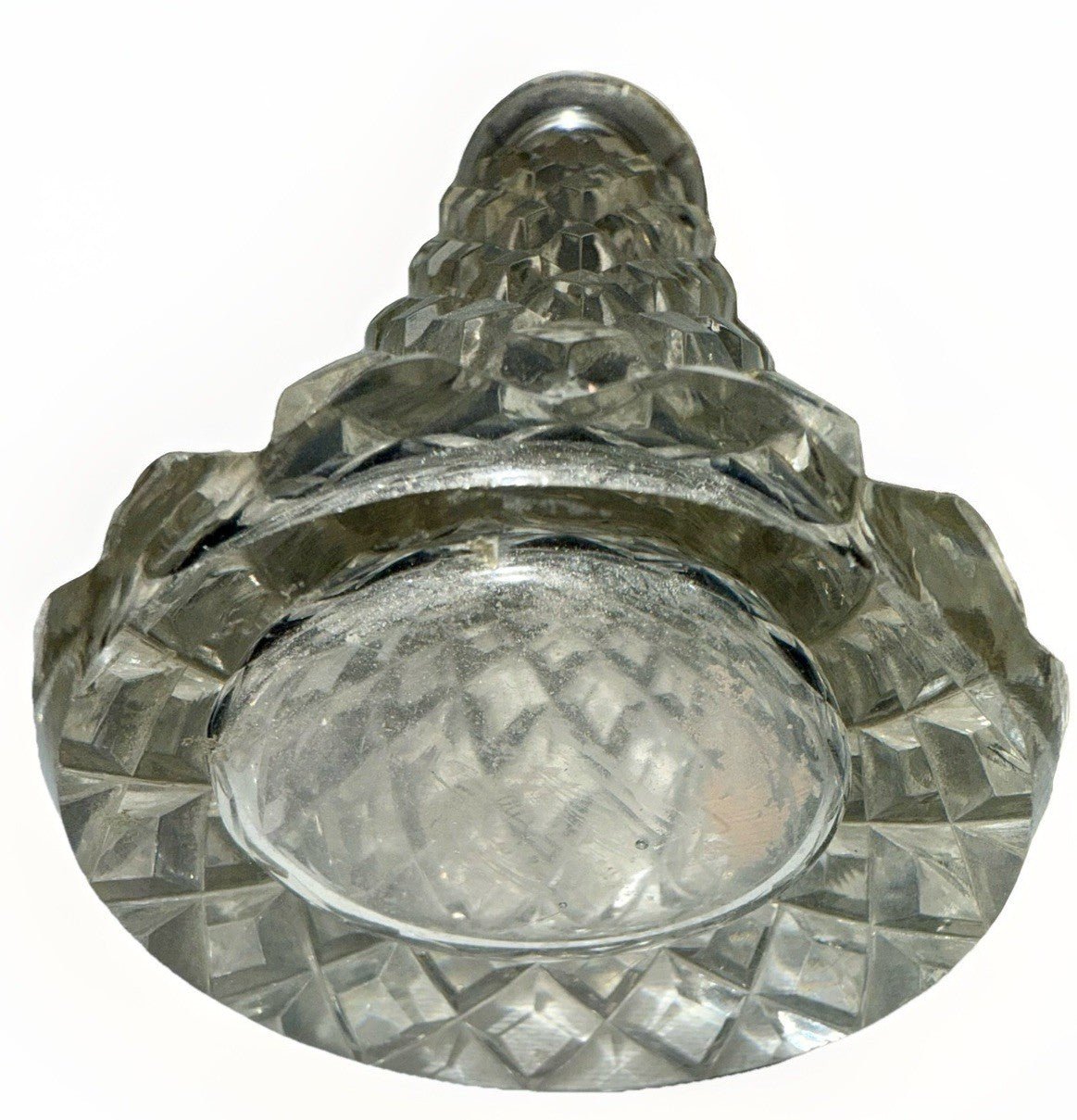 Diamond Point Crystal Perfume Bottle w/ Rose & Scalloped Fans Stopper, Dauber - AntiquesEtceteraDiamond Point Crystal Perfume Bottle w/ Rose & Scalloped Fans Stopper, DauberMade in CzechoslovakiaAntiquesEtcetera