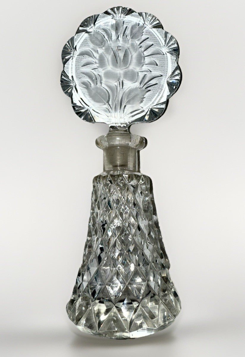 Diamond Point Crystal Perfume Bottle w/ Rose & Scalloped Fans Stopper, Dauber - AntiquesEtceteraDiamond Point Crystal Perfume Bottle w/ Rose & Scalloped Fans Stopper, DauberMade in CzechoslovakiaAntiquesEtcetera