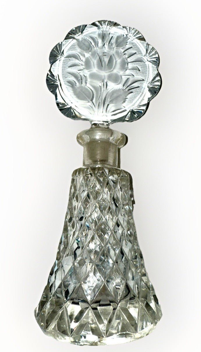 Diamond Point Crystal Perfume Bottle w/ Rose & Scalloped Fans Stopper, Dauber - AntiquesEtceteraDiamond Point Crystal Perfume Bottle w/ Rose & Scalloped Fans Stopper, DauberMade in CzechoslovakiaAntiquesEtcetera