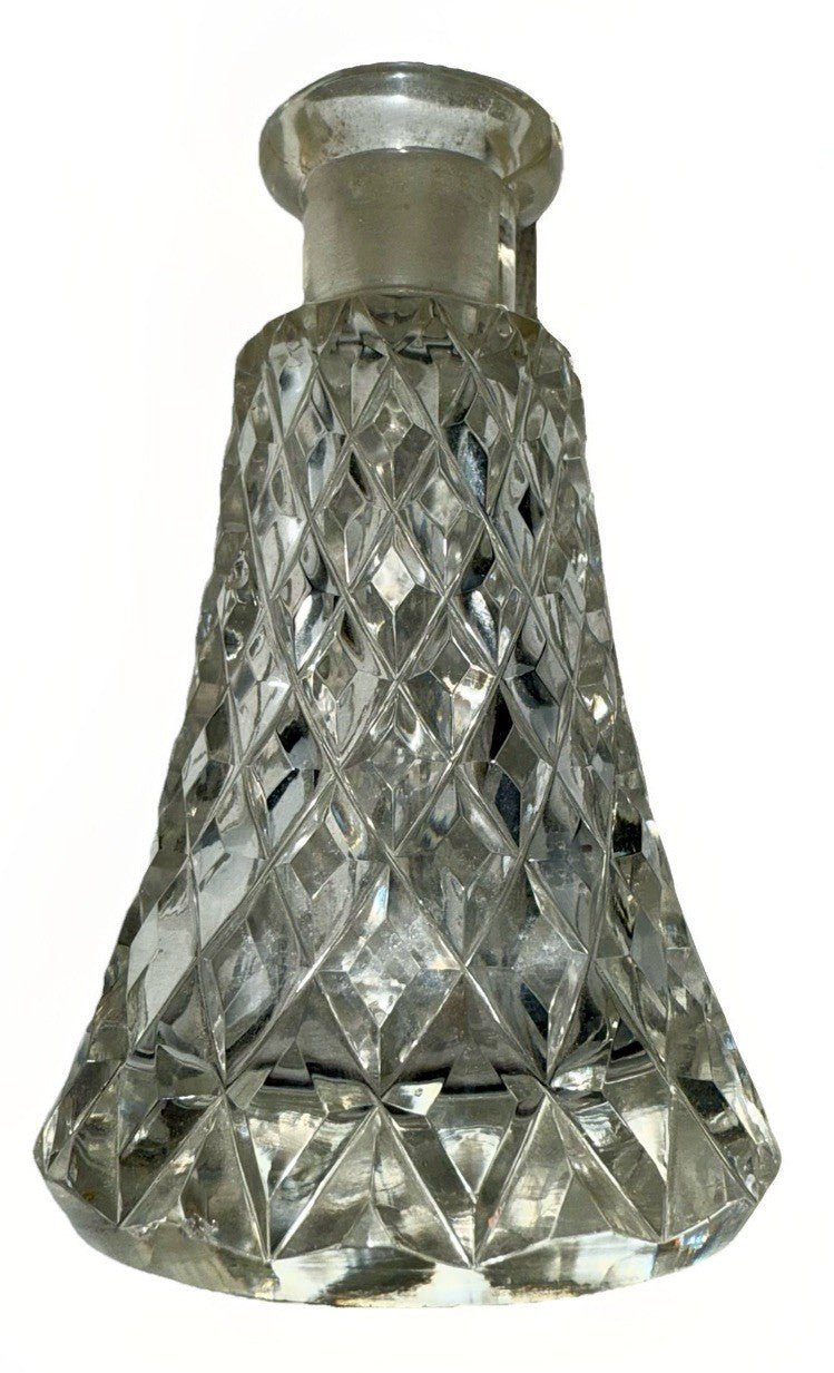 Diamond Point Crystal Perfume Bottle w/ Rose & Scalloped Fans Stopper, Dauber - AntiquesEtceteraDiamond Point Crystal Perfume Bottle w/ Rose & Scalloped Fans Stopper, DauberMade in CzechoslovakiaAntiquesEtcetera