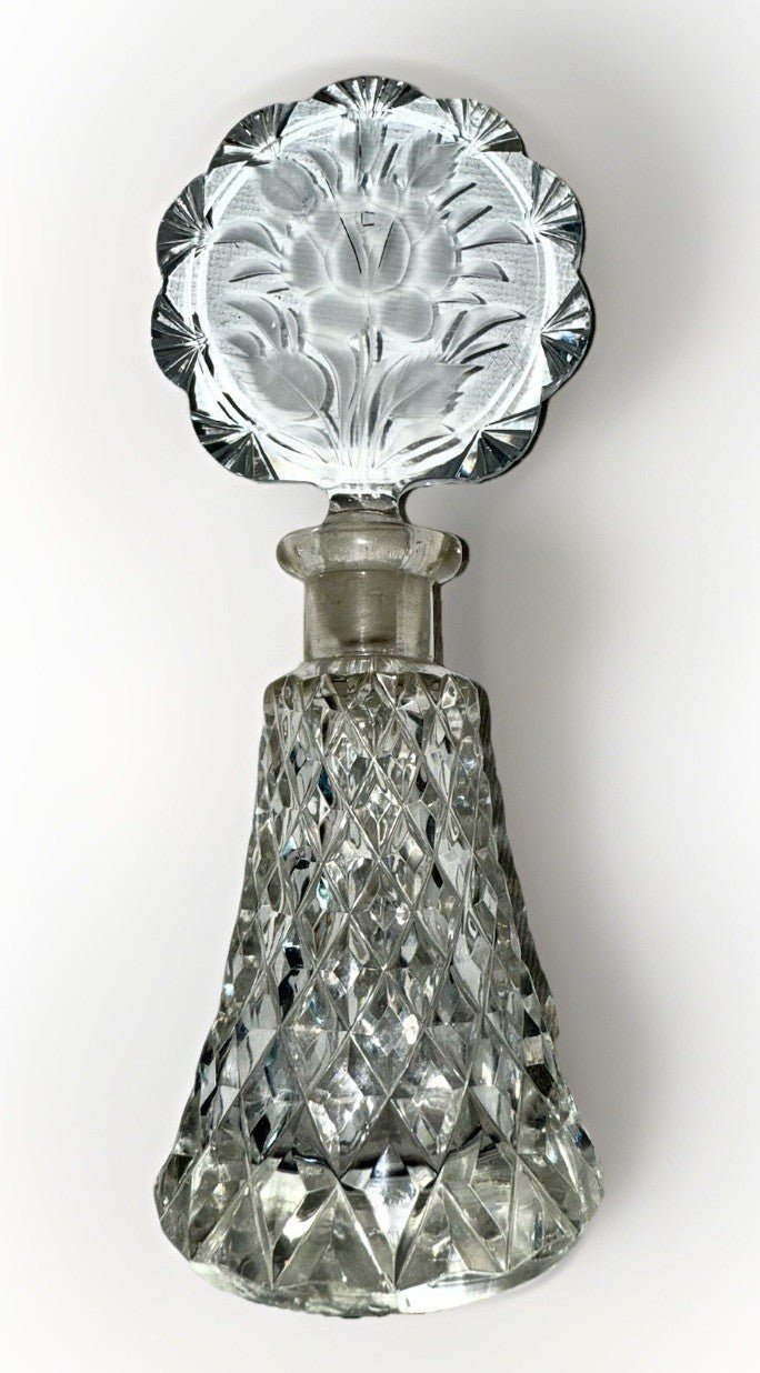 Diamond Point Crystal Perfume Bottle w/ Rose & Scalloped Fans Stopper, Dauber - AntiquesEtceteraDiamond Point Crystal Perfume Bottle w/ Rose & Scalloped Fans Stopper, DauberMade in CzechoslovakiaAntiquesEtcetera